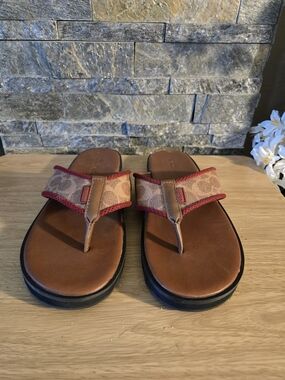 Coach Brown Leather and Tan Signature Canvas Thong Sandals with Red Trim